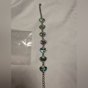 Abalone Shell Link Bracelet – Iridescent Green Blue Shell Silver Tone Adjustable